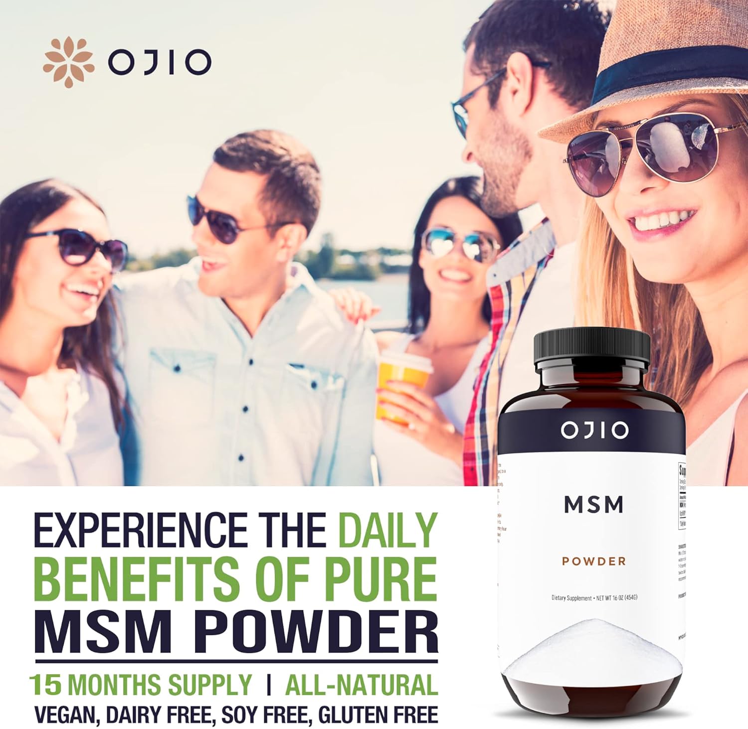 16 oz Ojio Pure OptiMSM MSM Powder Supplement for Joints, Skin, Hair, Nails - Kosher, Vegan, Gluten Free, Non-GMO - Pesticide & Herbicide Free