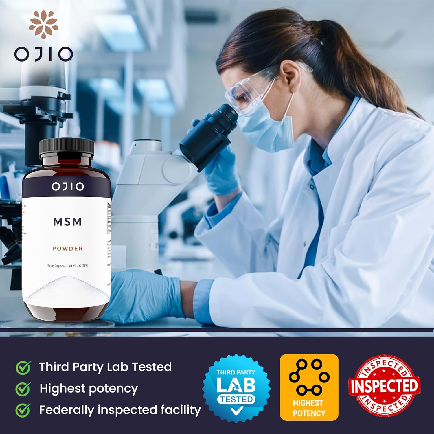 16 oz Ojio Pure OptiMSM MSM Powder Supplement for Joints, Skin, Hair, Nails - Kosher, Vegan, Gluten Free, Non-GMO - Pesticide & Herbicide Free