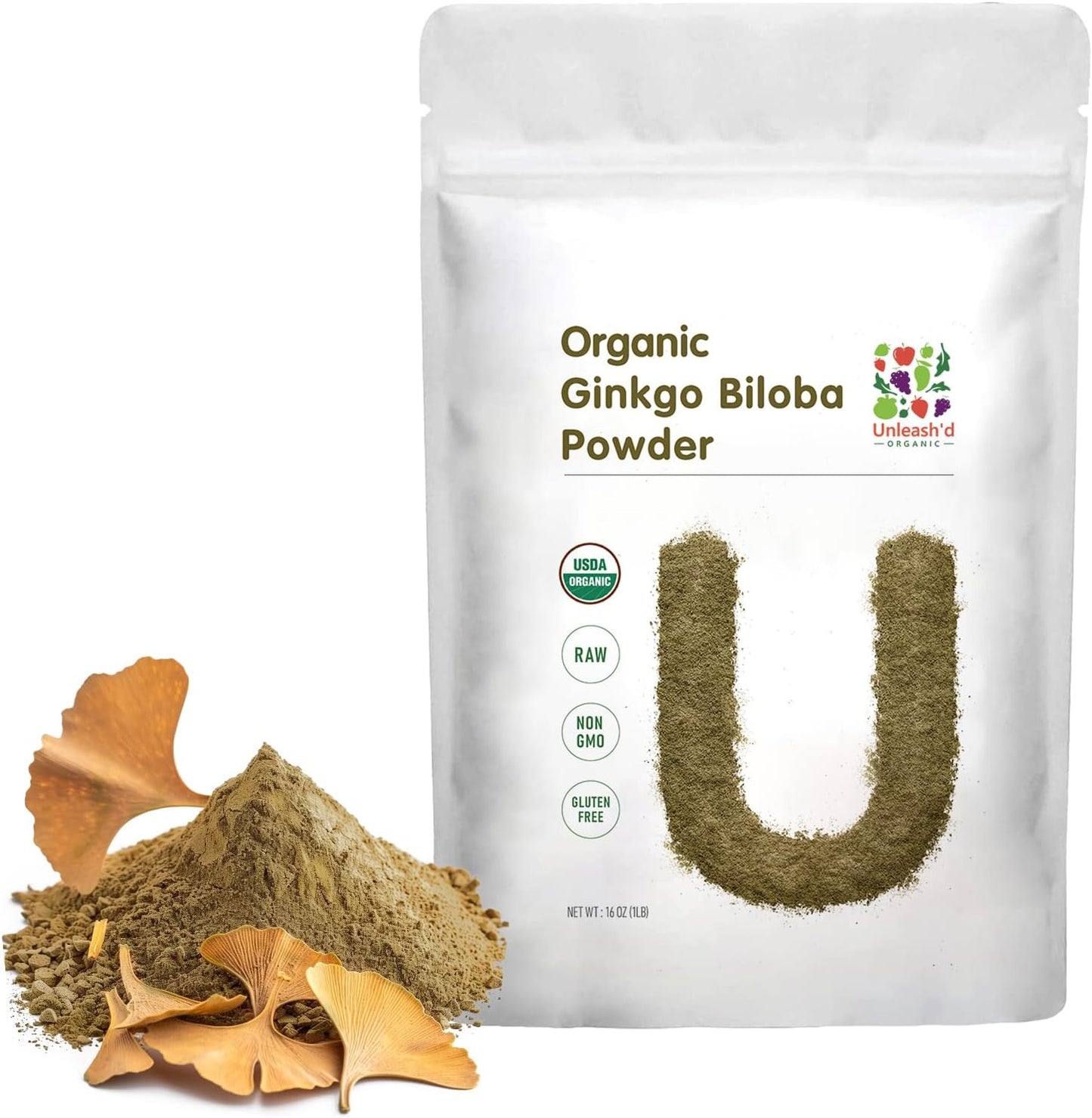 16 oz Organic Ginkgo Biloba Powder for Brain Function & Alertness - Vegan, Raw, Non-GMO - UNLEASH'D ORGANIC