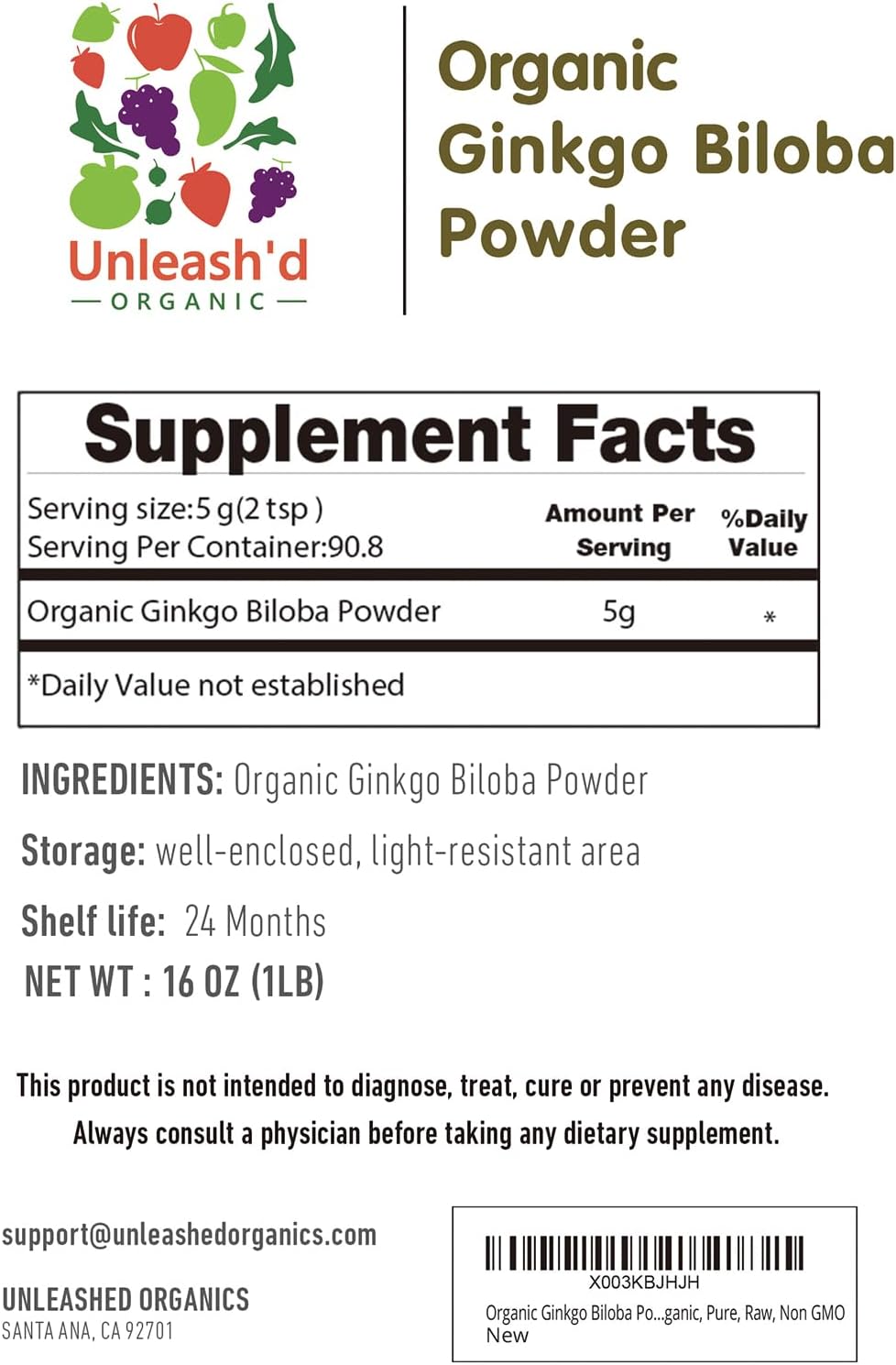 16 oz Organic Ginkgo Biloba Powder for Brain Function & Alertness - Vegan, Raw, Non-GMO - UNLEASH'D ORGANIC