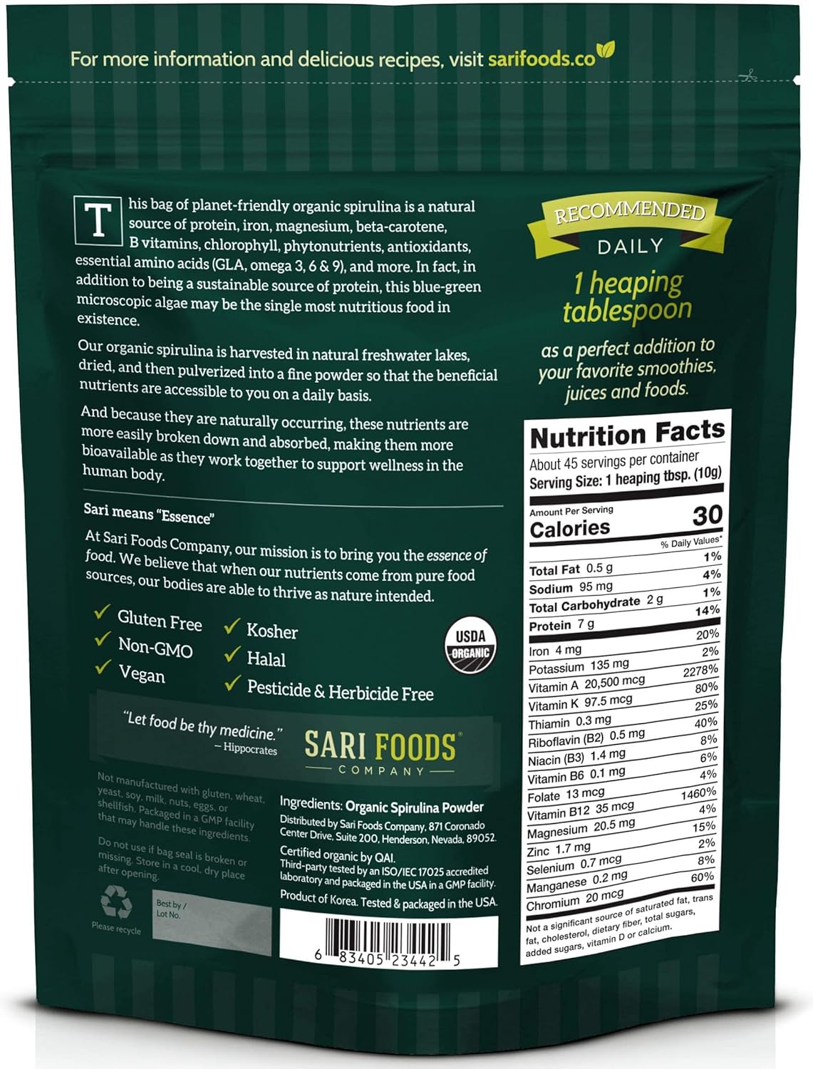 16 oz Organic Spirulina Powder - Vegan Source of Folate, Vitamin B12, Iron, Omega Fatty Acids, Amino Acids, and More