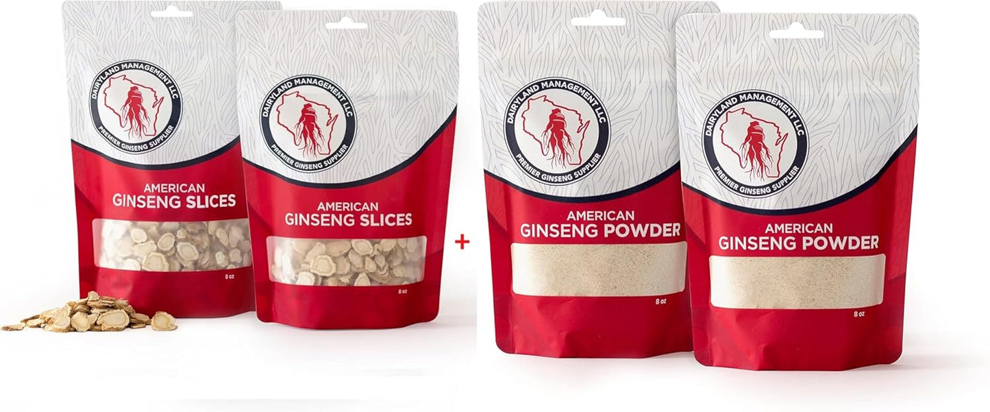 16 oz Pack of Dairyland American Ginseng Slices and Powder - Straight from Wisconsin Farm to You - Dairyland Management LLC