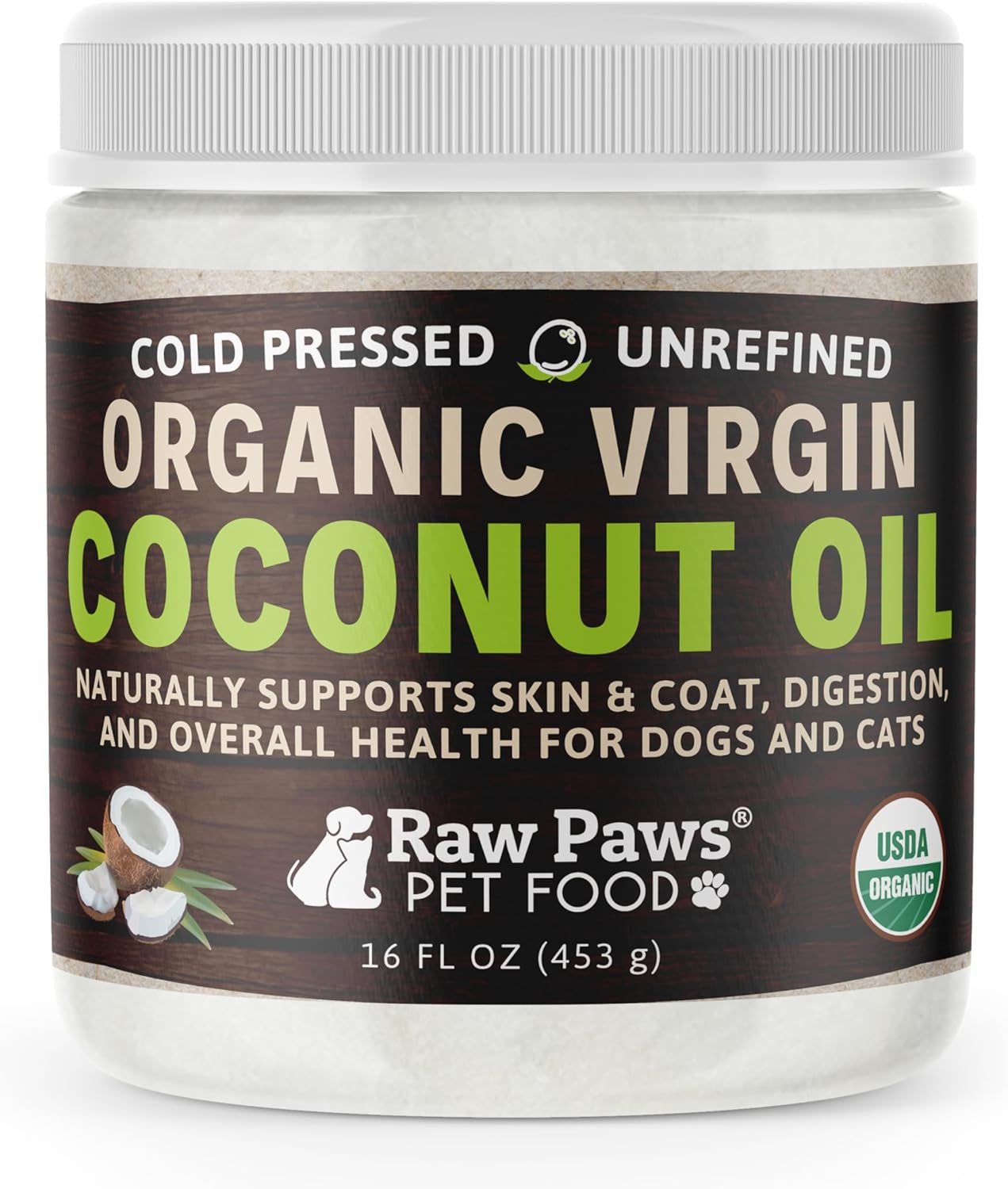 16-oz Raw Paws Organic Coconut Oil for Dogs & Cats - Natural Allergy & Hairball Relief - Supports Immune System, Digestion, Oral Health, Thyroid