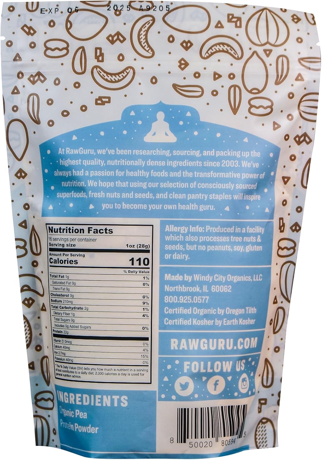 16 oz RawGuru Organic Pea Protein Powder - USDA Organic, Gluten Free, Non-GMO, Vegan Plant Protein