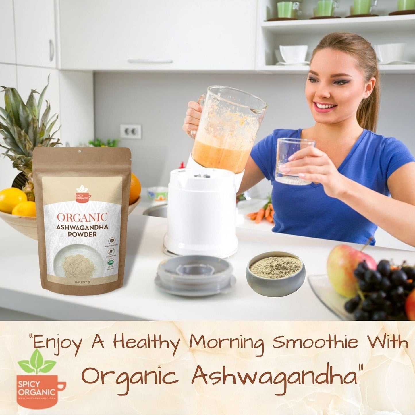 16 oz Spicy Organic Ashwagandha Root Powder - Pure Raw Indian Ginseng - USDA Certified Organic - Non-GMO - Versatile Supplement