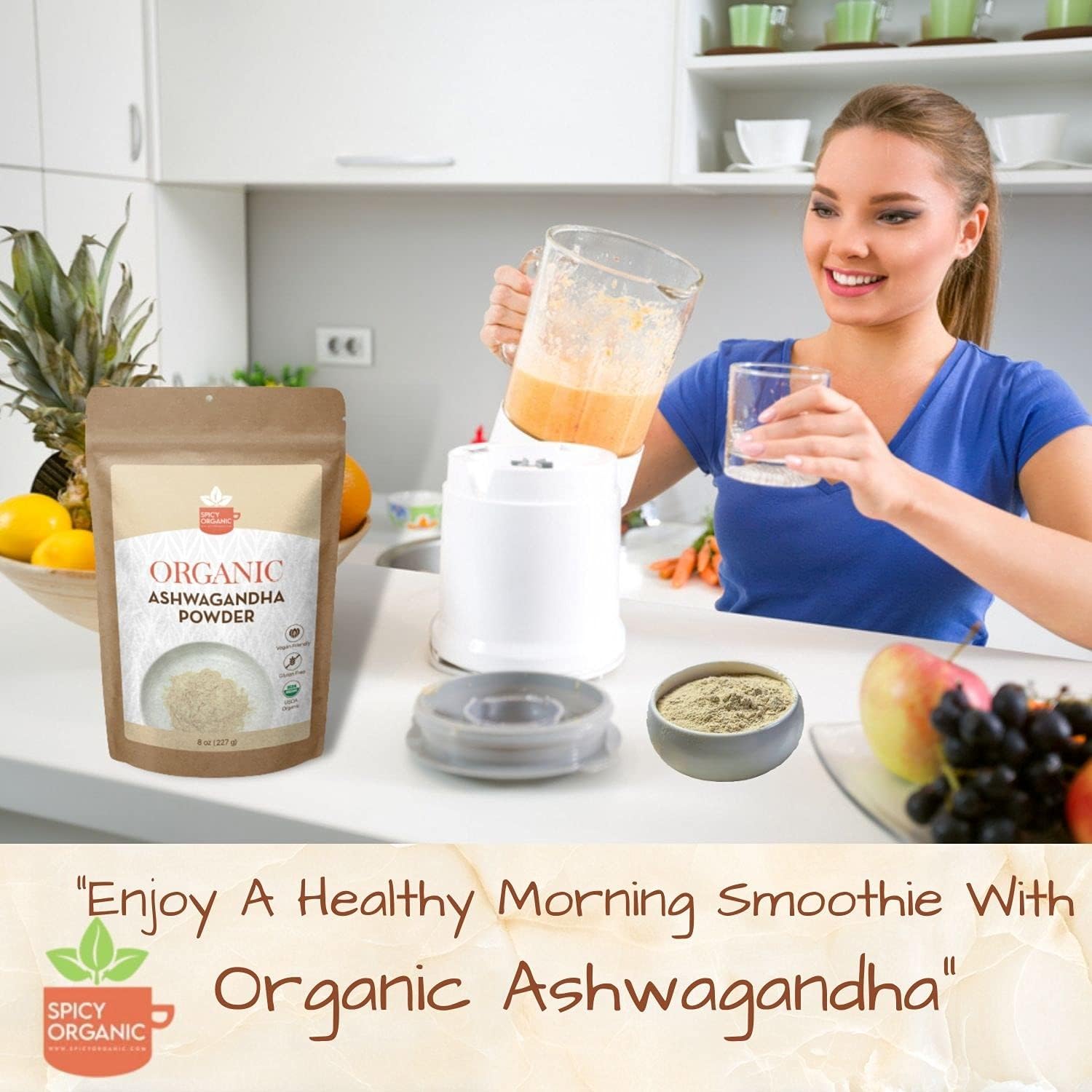 16 oz Spicy Organic Ashwagandha Root Powder - Pure Raw Indian Ginseng - USDA Certified Organic - Non-GMO - Versatile Supplement