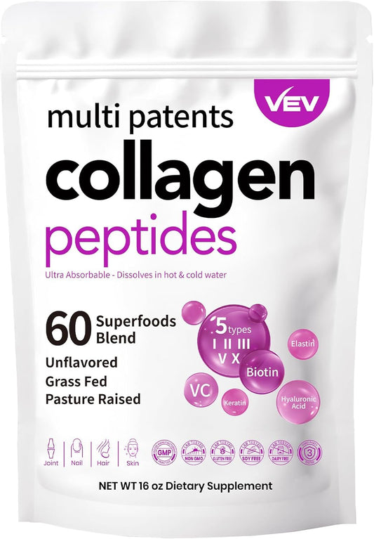 16 Oz VEV Multi Collagen Peptides Powder with Biotin, Hyaluronic Acid & Vitamin C - Unflavored Hydrolyzed Collagen Protein for Skin, Hair, Nail & Joint Support - Easy Mix Formula