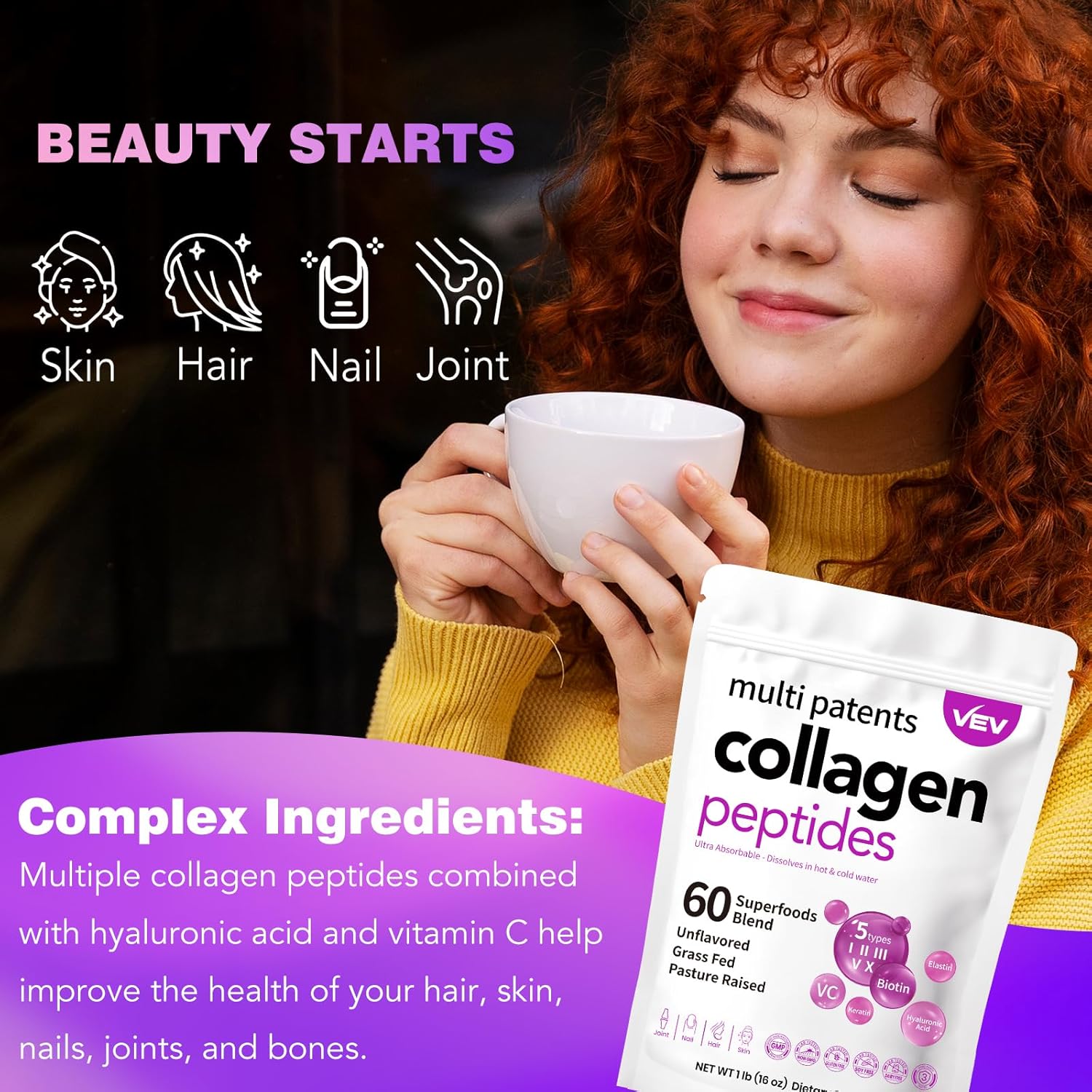 16 Oz VEV Multi Collagen Peptides Powder with Biotin, Hyaluronic Acid & Vitamin C - Unflavored Hydrolyzed Collagen Protein for Skin, Hair, Nail & Joint Support - Easy Mix Formula