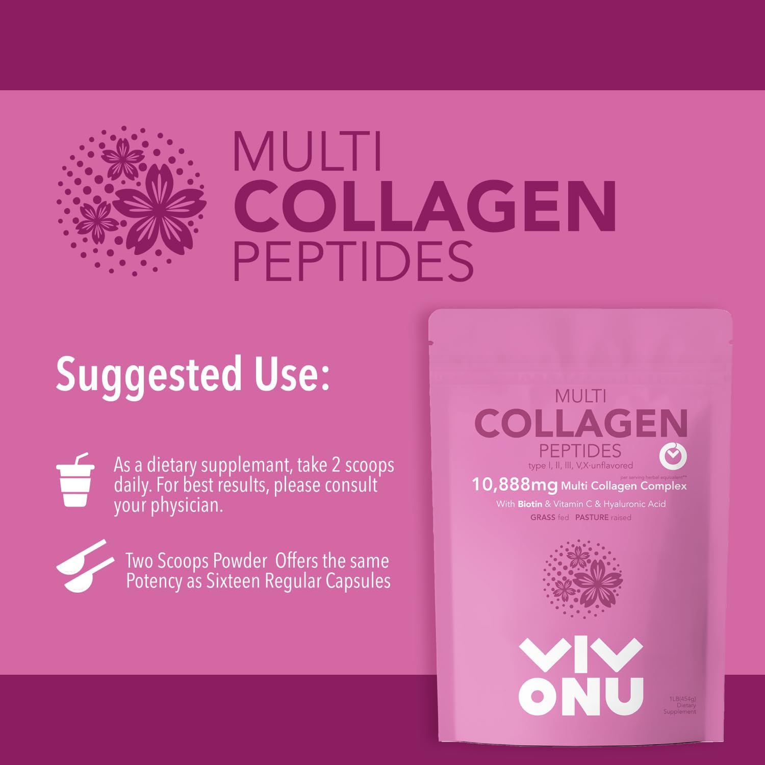 16 Oz VivoNu Multi Collagen Peptides Powder - Hydrolyzed Protein Peptides for Easy Mixing | Types I, II, III, V, X with Hyaluronic Acid, Biotin & Vitamin C | Unflavored Keto & Paleo Friendly