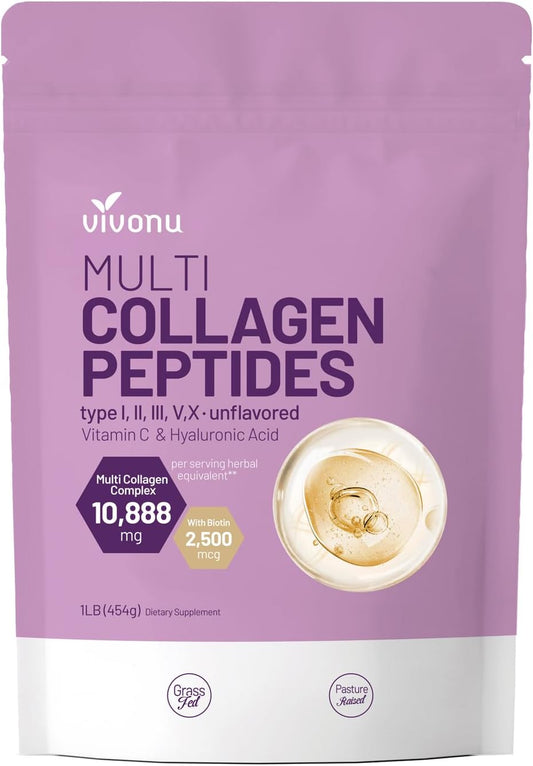 16 Oz VivoNu Multi Collagen Peptides Powder with Hyaluronic Acid, Biotin & Vitamin C - Unflavored Hydrolyzed Protein Peptides Blend for Keto & Paleo Diets - Easy Mix in Drinks - Type I, II, III, V, X - 1LB/1Pack