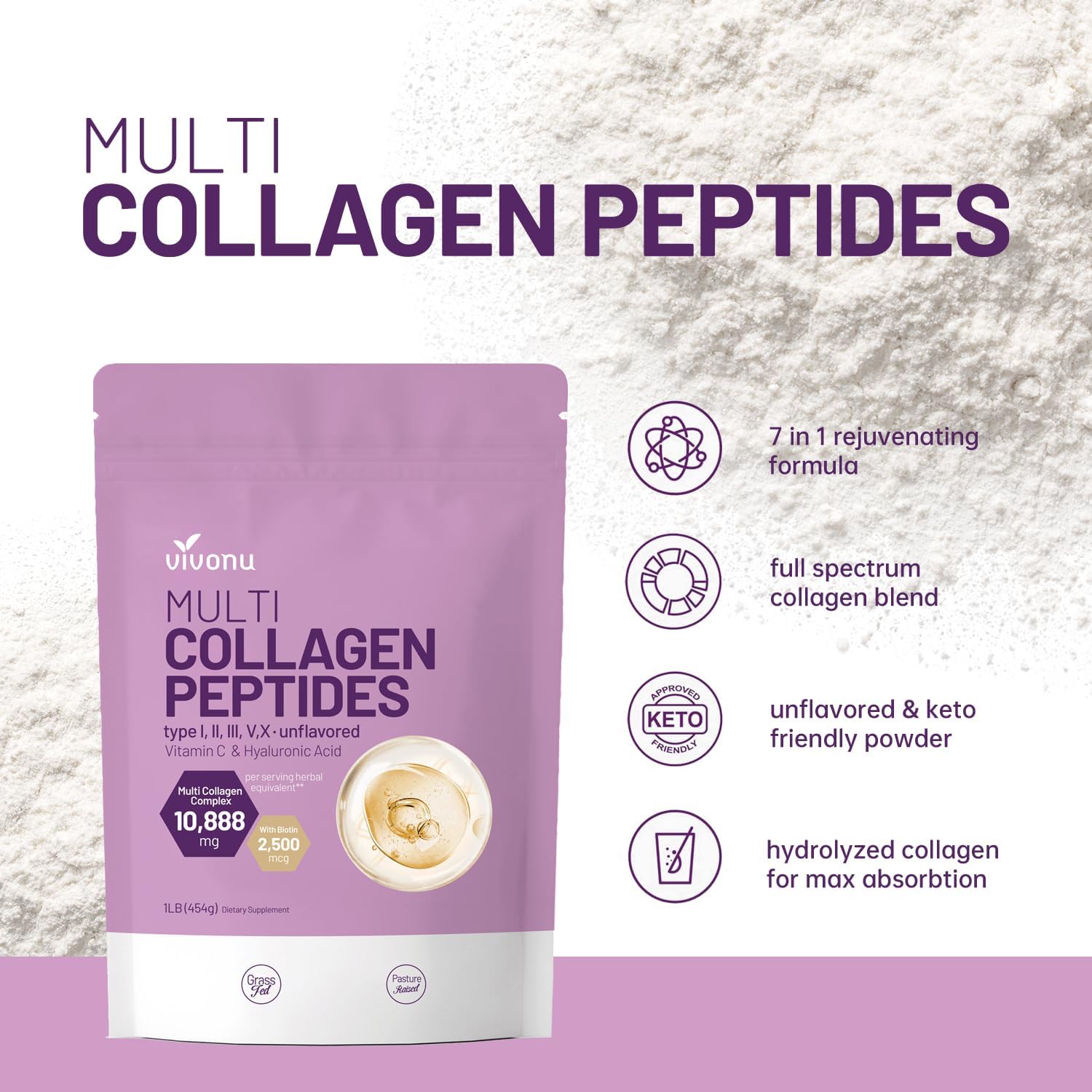 16 Oz VivoNu Multi Collagen Peptides Powder with Hyaluronic Acid, Biotin & Vitamin C - Unflavored Hydrolyzed Protein Peptides Blend for Keto & Paleo Diets - Easy Mix in Drinks - Type I, II, III, V, X - 1LB/1Pack