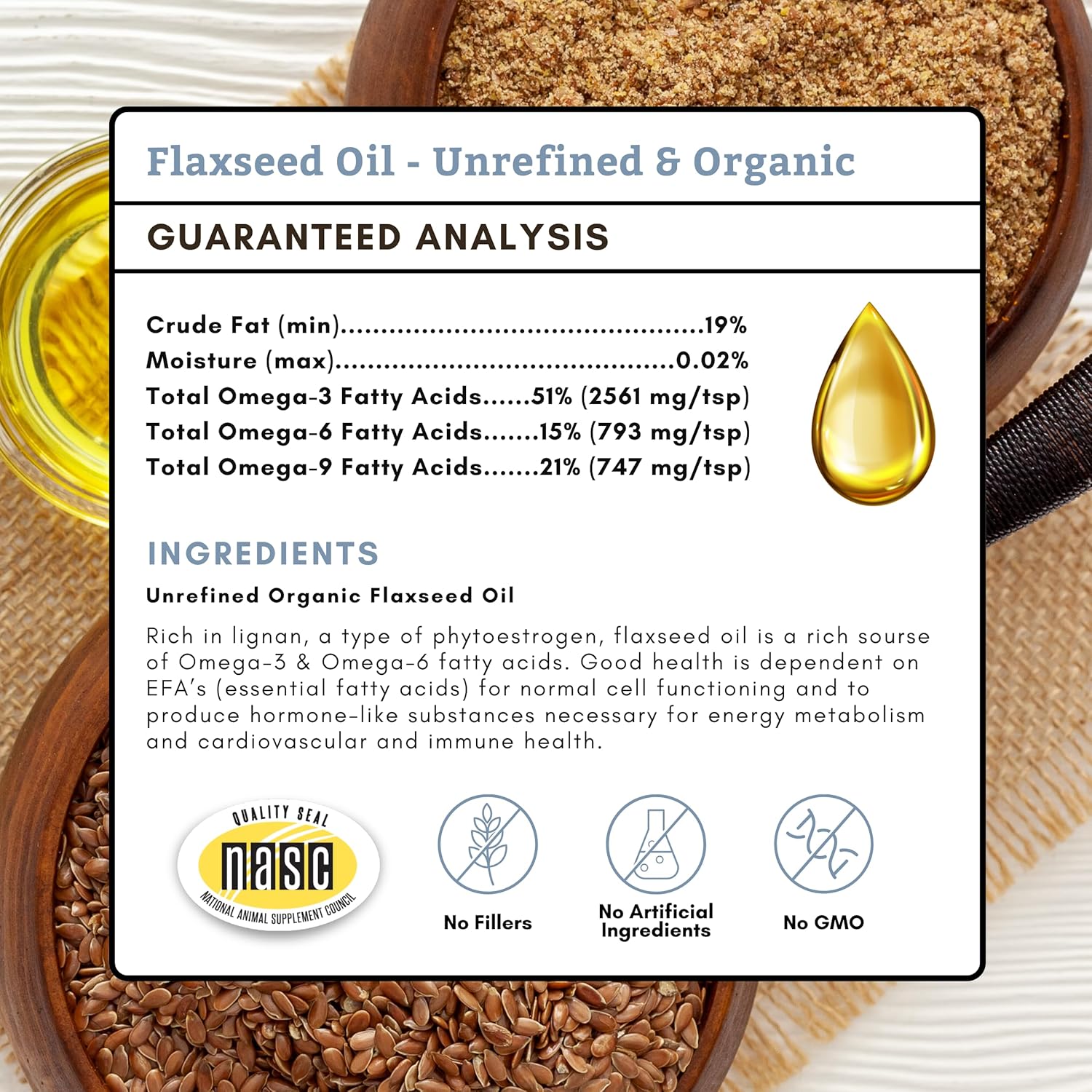 16 Oz Wholistic Pet Organics Flaxseed Oil: Omega 3 Supplement for Dog Skin Relief & Coat Health
