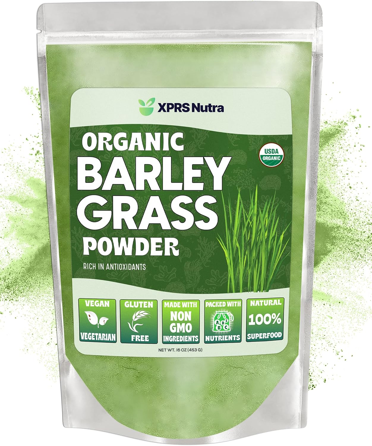 16 oz XPRS Nutra Organic Barley Grass Powder - Premium Antioxidant-Rich Barley Green Superfood for Immunity Boost