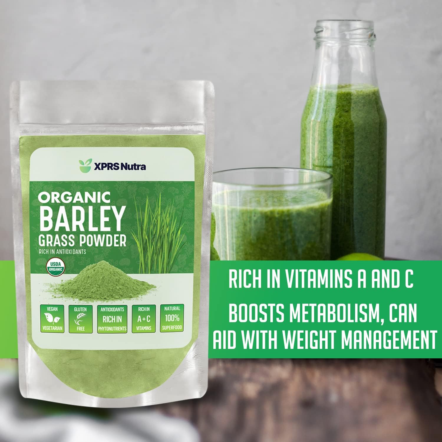 16 oz XPRS Nutra Organic Barley Grass Powder - Premium Antioxidant-Rich Barley Green Superfood for Immunity Boost