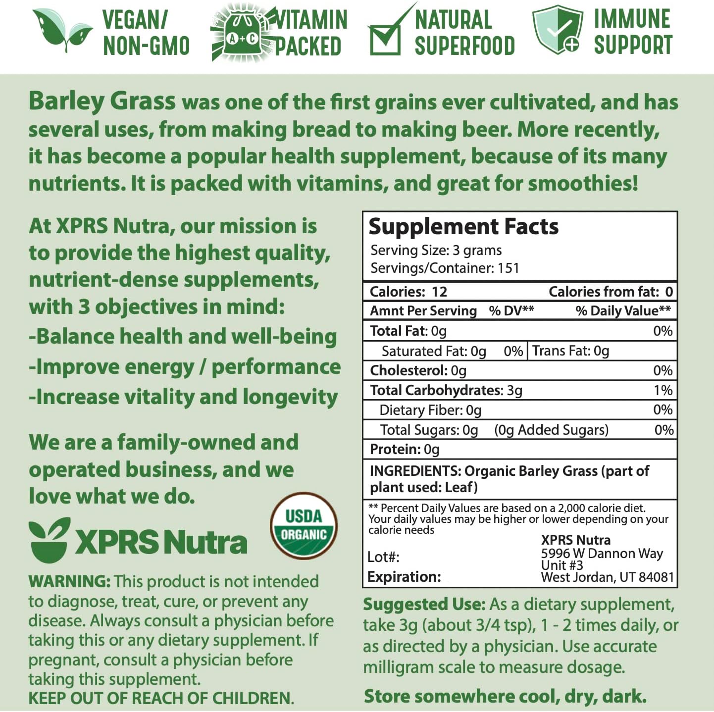 16 oz XPRS Nutra Organic Barley Grass Powder - Premium Antioxidant-Rich Barley Green Superfood for Immunity Boost