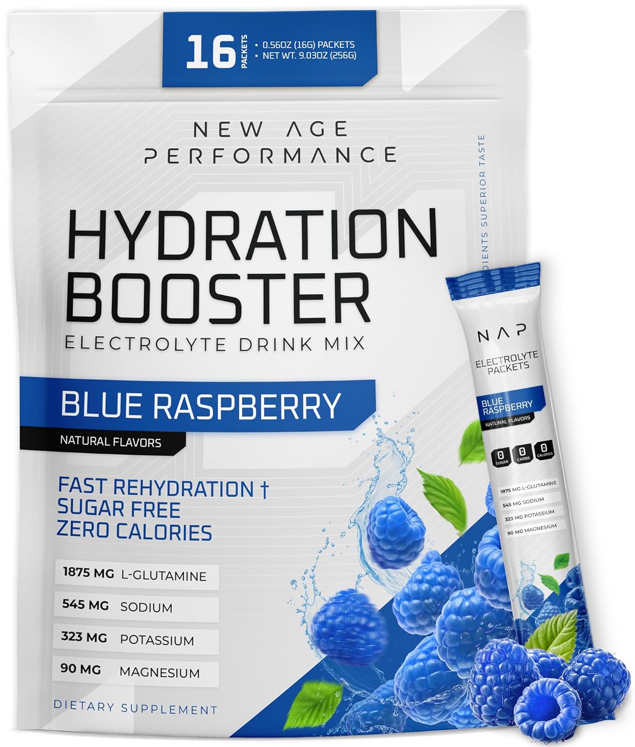 16 Pack New Age Performance Hydration Packets with Electrolytes Powder Liquid Enhancer - Sugar Free & 0 Calorie - L-Glutamine Amino Acids for Muscle Recovery - Blue Raspberry Flavor - BoostGo Australia