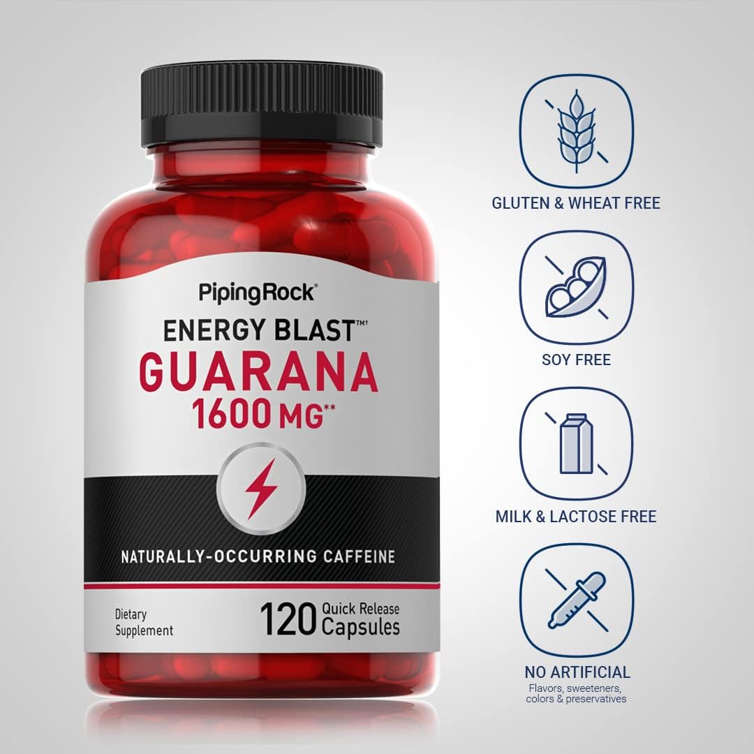 1600 mg Guarana Capsules | 120 Count | Mega Strength Powder Extract Pills | Non-GMO, Gluten Free Supplement