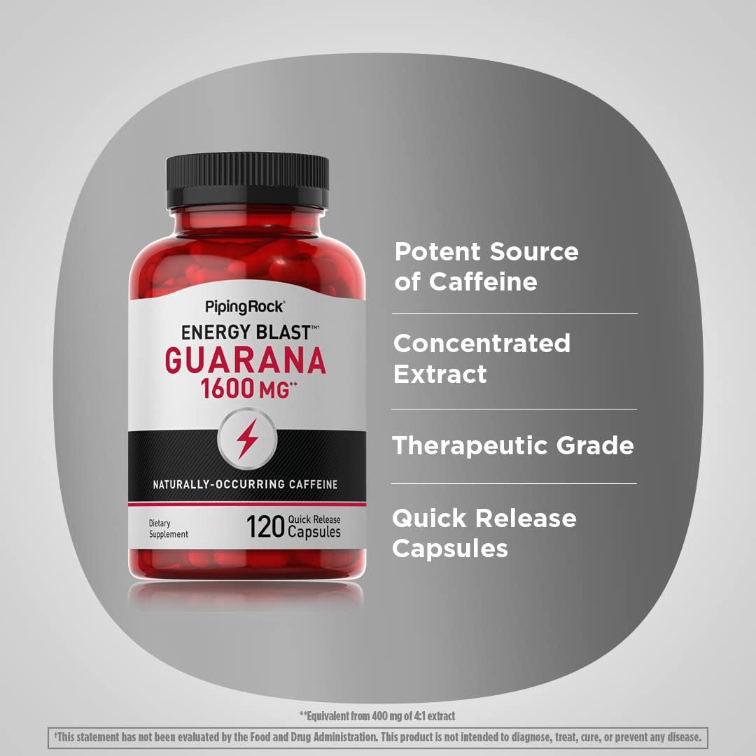 1600 mg Guarana Capsules | 120 Count | Mega Strength Powder Extract Pills | Non-GMO, Gluten Free Supplement