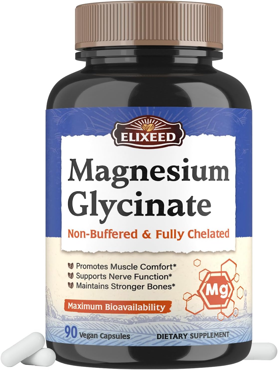 160mg Elixeed Magnesium Glycinate Capsules for Muscle, Bone & Nerve Health - Non-Buffered & Non-GMO - Maximum Bioavailability for Relaxation - 90 Count
