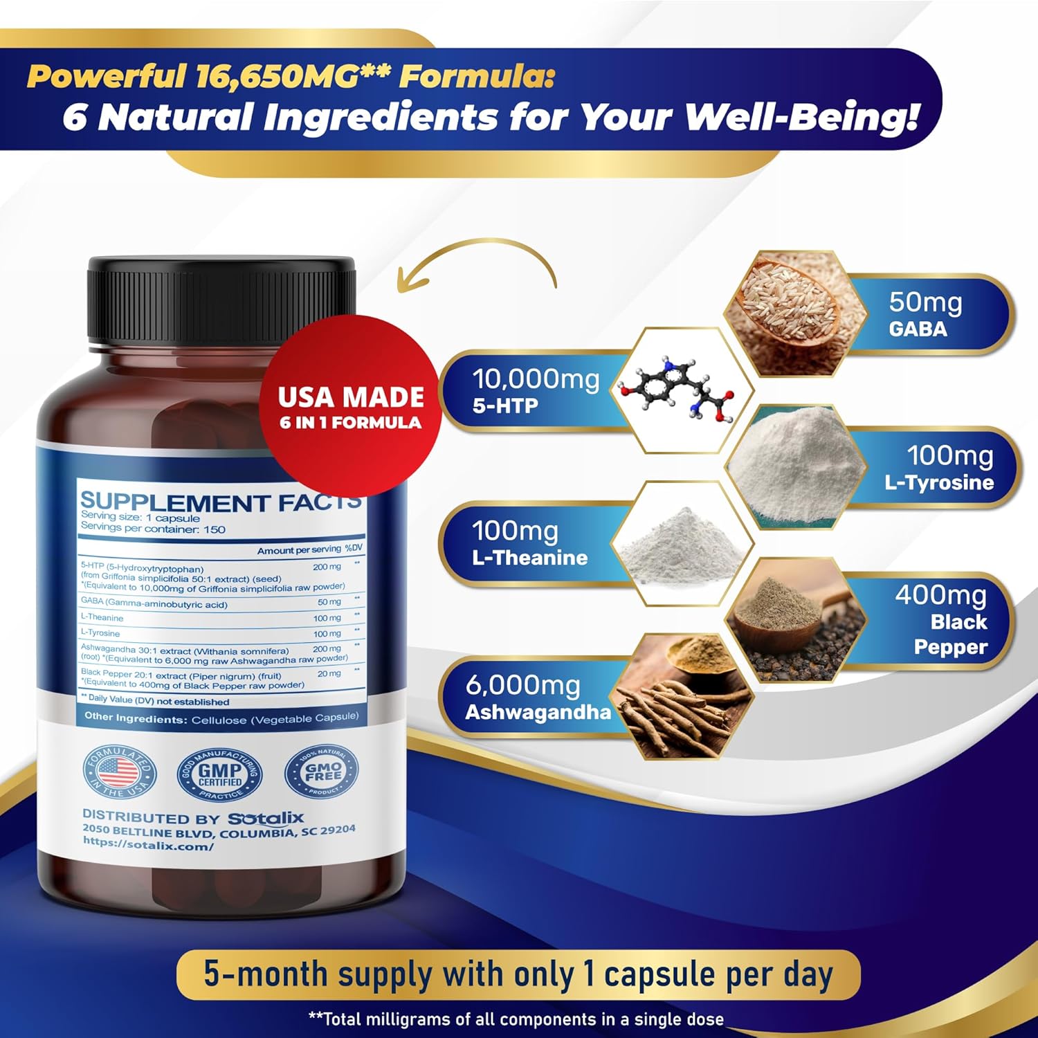 16,450mg SOTALIX Mood & Focus Supplement with 5-HTP, GABA, L-Theanine, L-Tyrosine - Memory, Energy, Sleep Support - USA Made (150-day Supply)