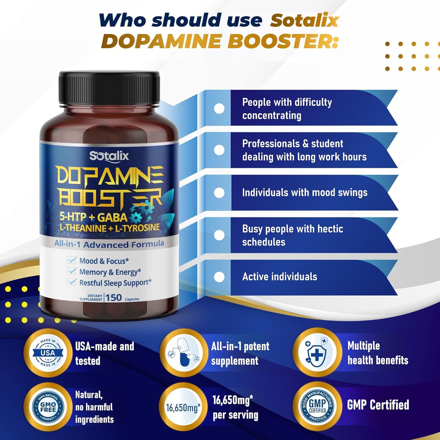 16,450mg SOTALIX Mood & Focus Supplement with 5-HTP, GABA, L-Theanine, L-Tyrosine - Memory, Energy, Sleep Support - USA Made (150-day Supply)