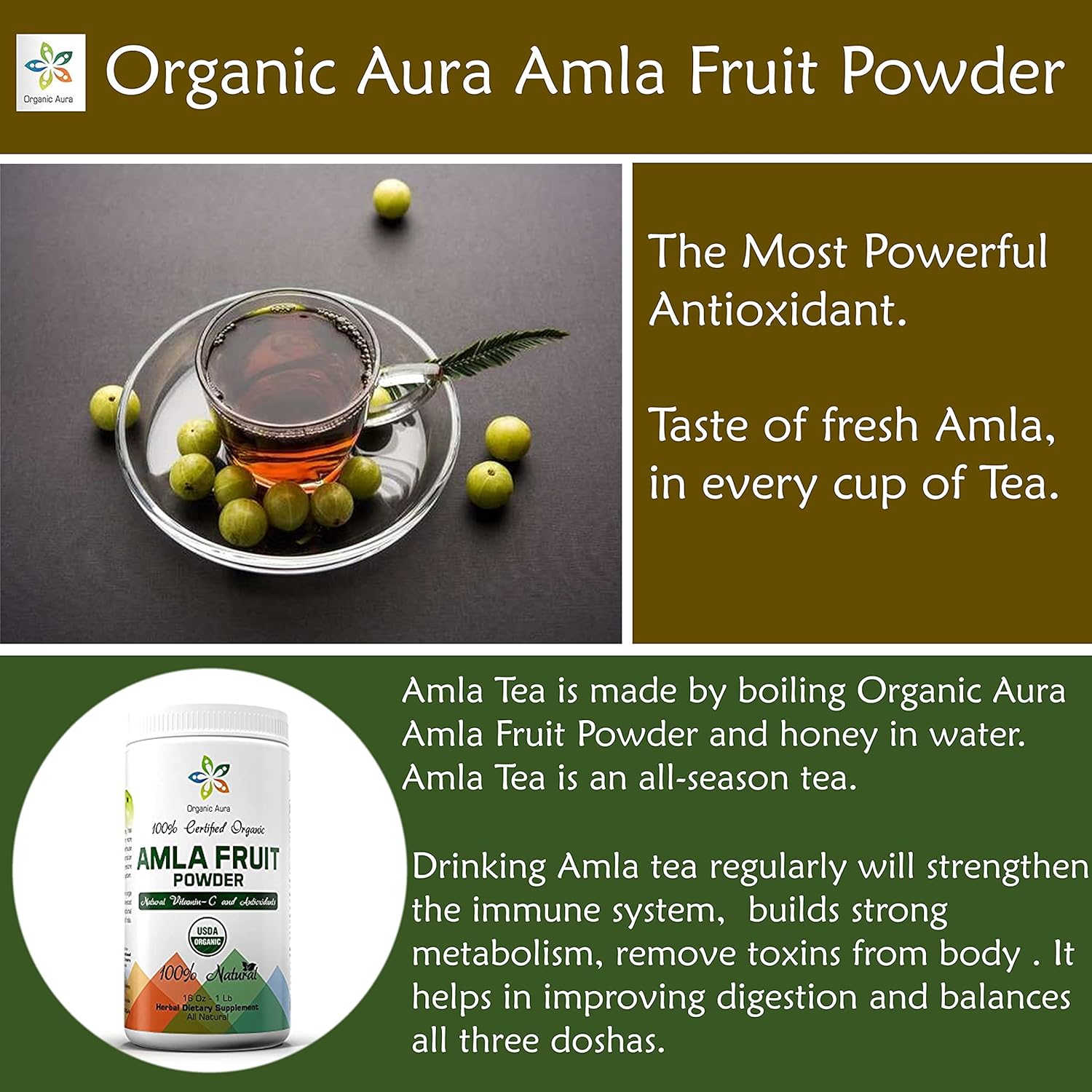 16Oz Certified Organic Aura Amla Powder - Rich in Vitamin C and Antioxidants for Immunity and Vitality