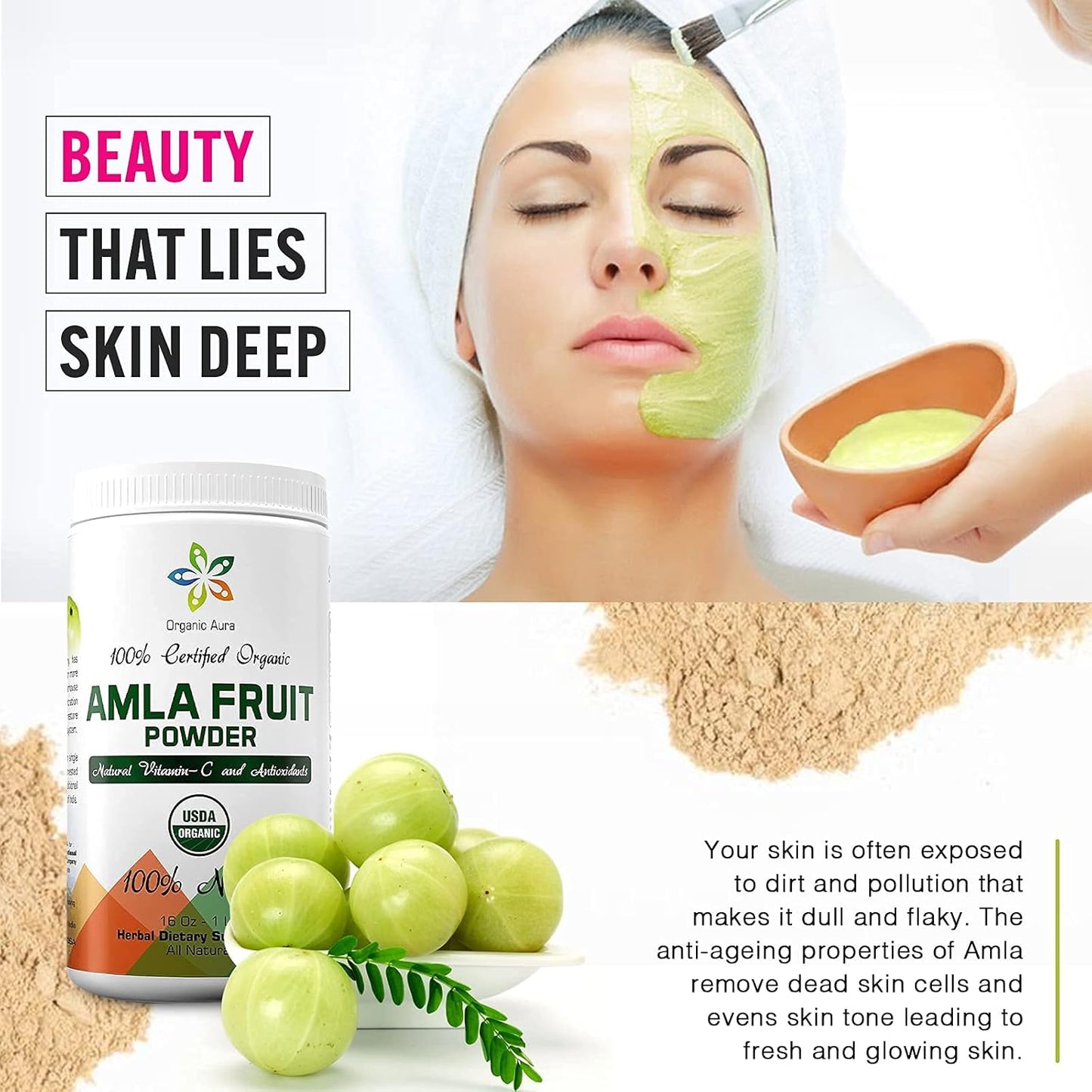 16Oz Certified Organic Aura Amla Powder - Rich in Vitamin C and Antioxidants for Immunity and Vitality