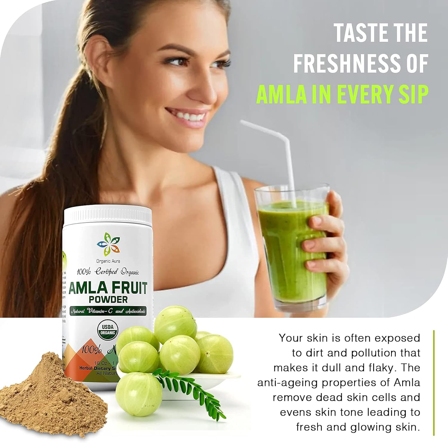 16Oz Certified Organic Aura Amla Powder - Rich in Vitamin C and Antioxidants for Immunity and Vitality