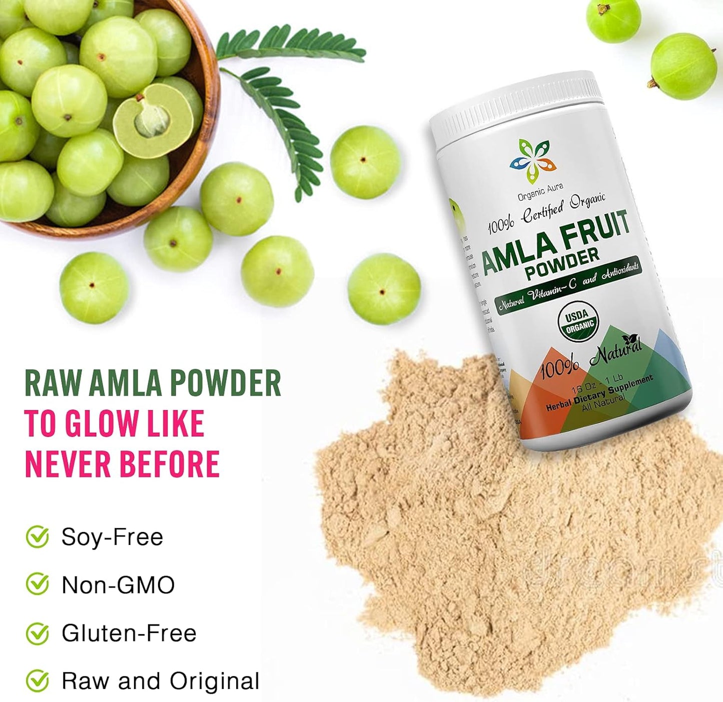 16Oz Certified Organic Aura Amla Powder - Rich in Vitamin C and Antioxidants for Immunity and Vitality