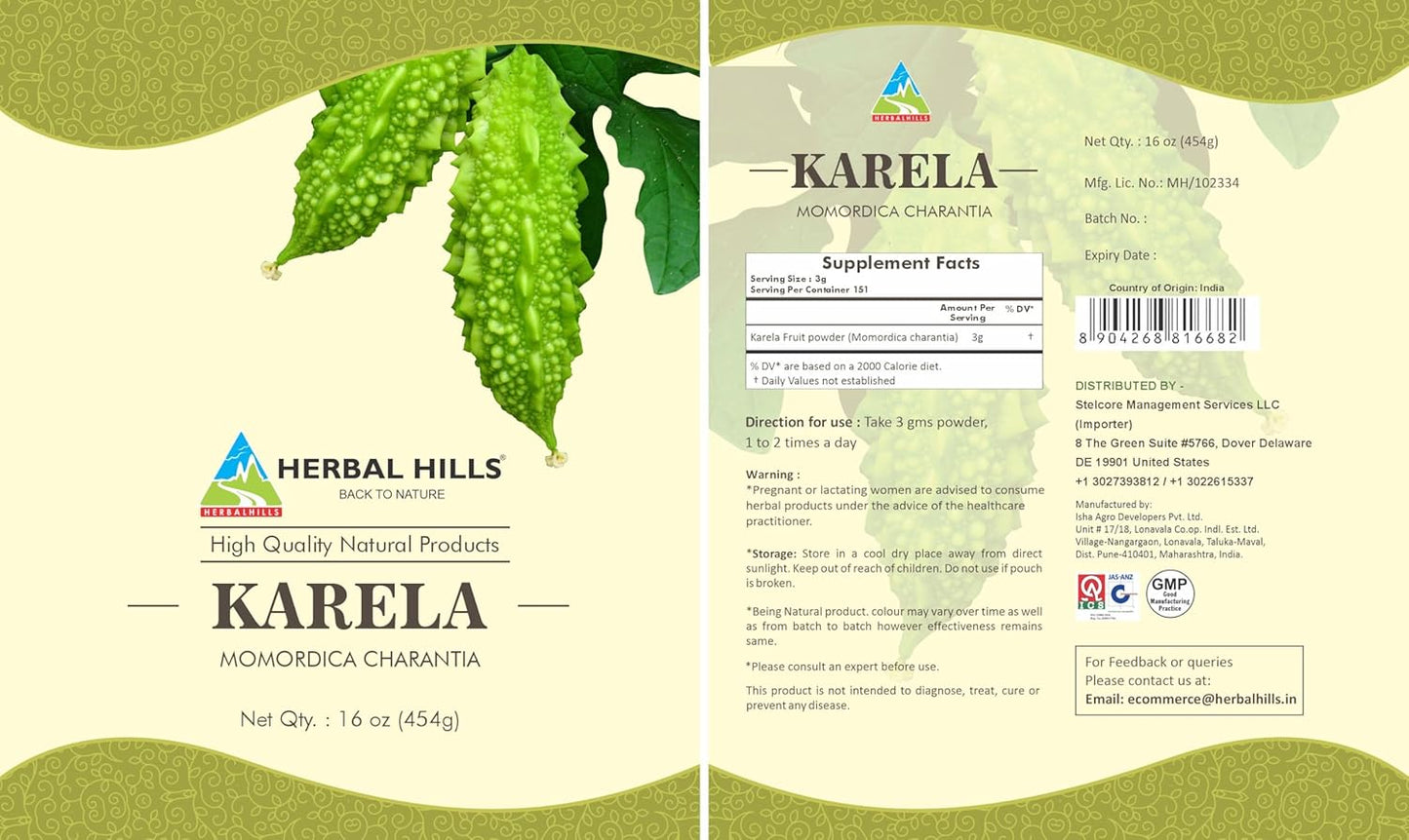 16oz Herbal Hills Bitter Melon Powder for Eye & Skin Health - Momordica Charantia - 454g