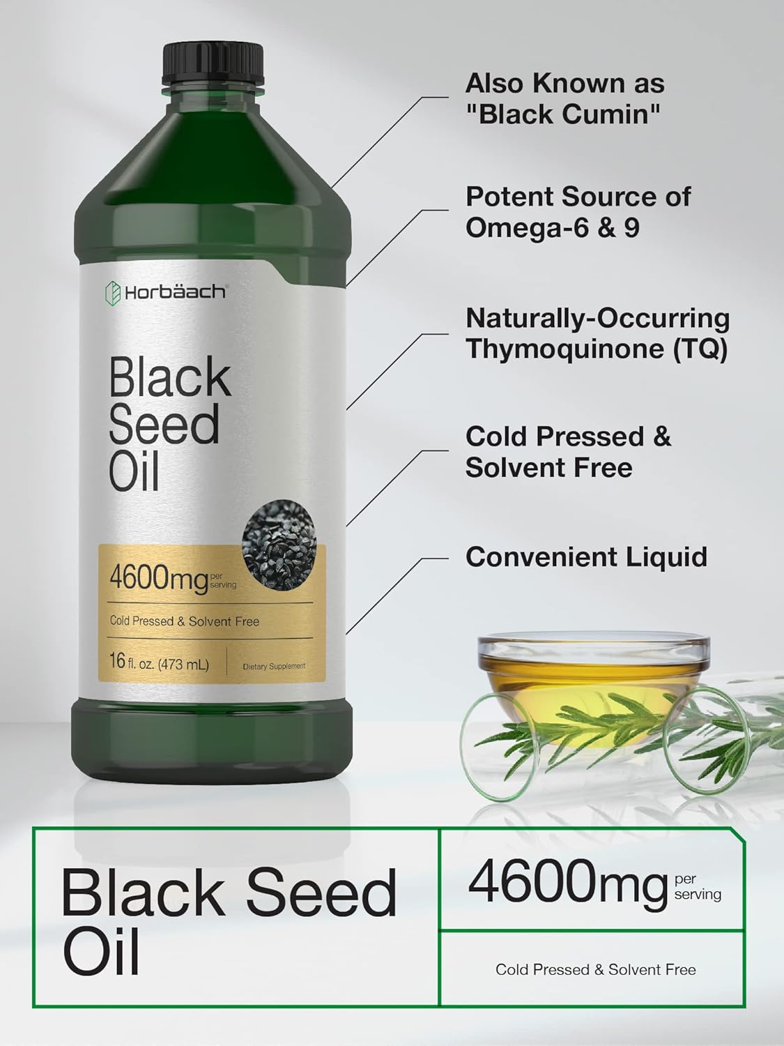 16oz Horbäach Black Seed Oil Liquid Supplement - 4600mg Cold Pressed Nigella Sativa - Vegetarian, Non-GMO, Gluten-Free