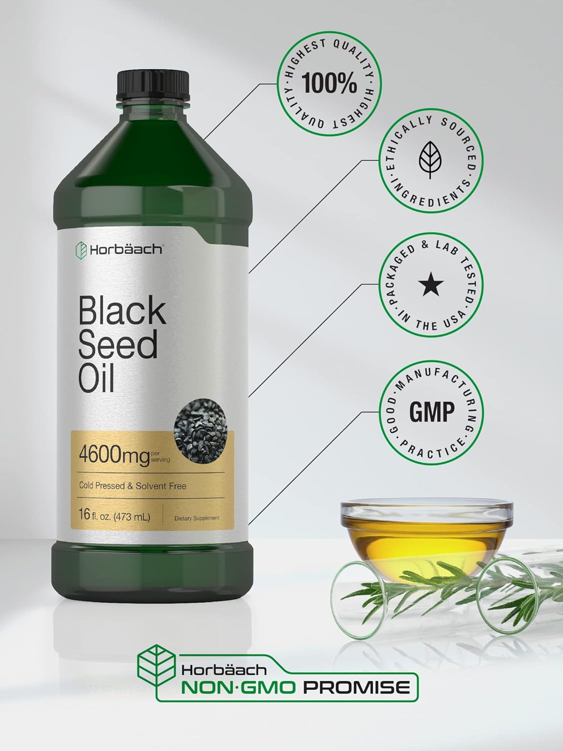 16oz Horbäach Black Seed Oil Liquid Supplement - 4600mg Cold Pressed Nigella Sativa - Vegetarian, Non-GMO, Gluten-Free