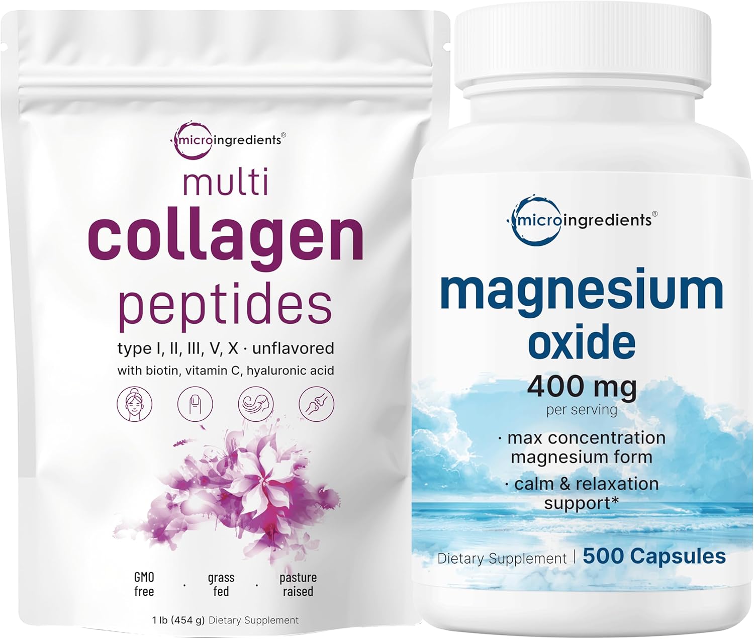16oz Multi Collagen Protein Powder & 400mg Magnesium Oxide Bundle Pack | Grass-Fed Peptides | Max Concentration Formula