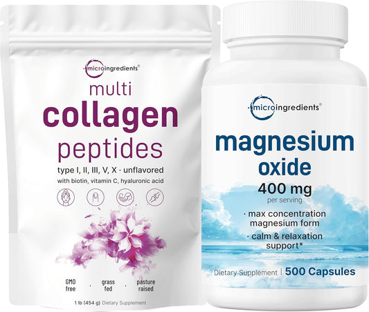 16oz Multi Collagen Protein Powder & 400mg Magnesium Oxide Bundle Pack | Grass-Fed Peptides | Max Concentration Formula