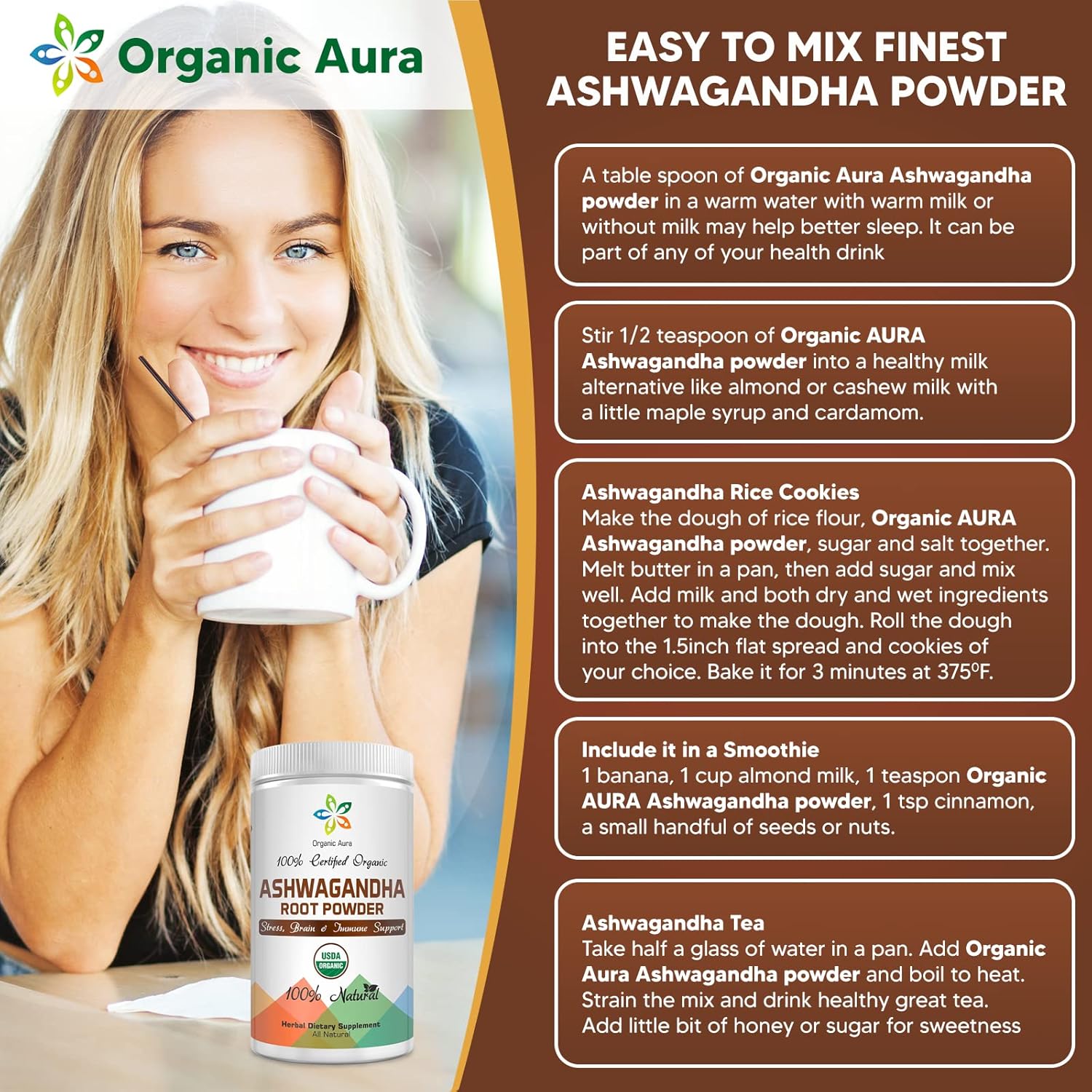 16oz Organic Ashwagandha Root Powder: Certified, Raw Superfood for Stress, Brain, Immune Support - 100% Natural Herbal Supplement