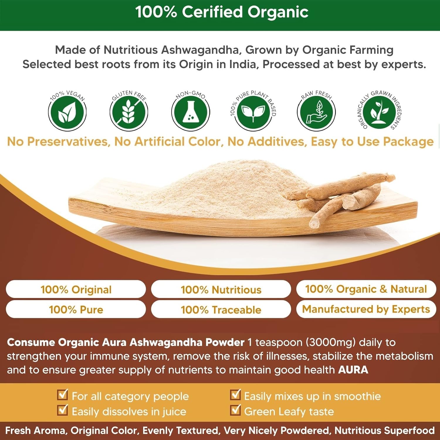 16oz Organic Ashwagandha Root Powder: Certified, Raw Superfood for Stress, Brain, Immune Support - 100% Natural Herbal Supplement