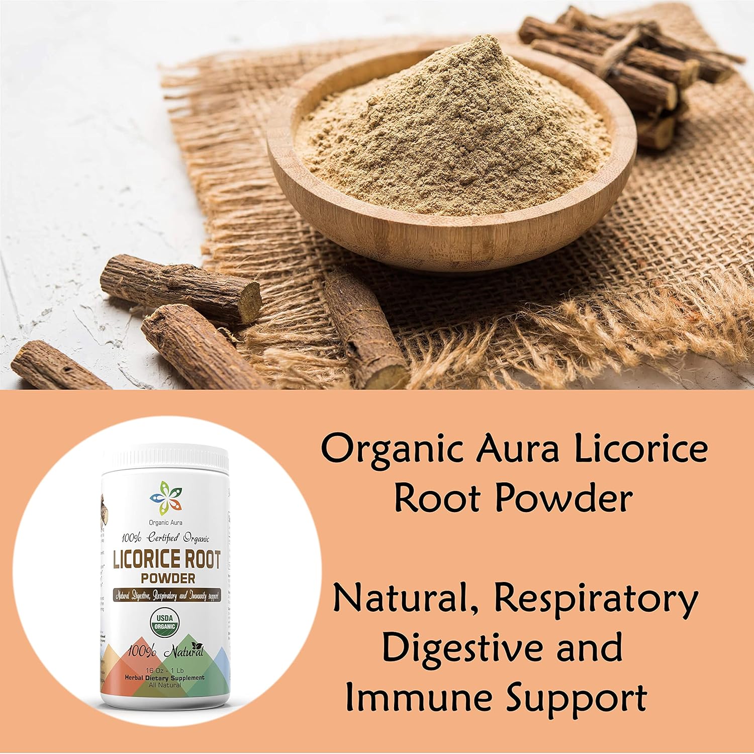 16oz Organic Aura Licorice Root Powder - Natural Digestive & Immune Support - Raw Superfood Supplement - Non-GMO & Gluten-Free