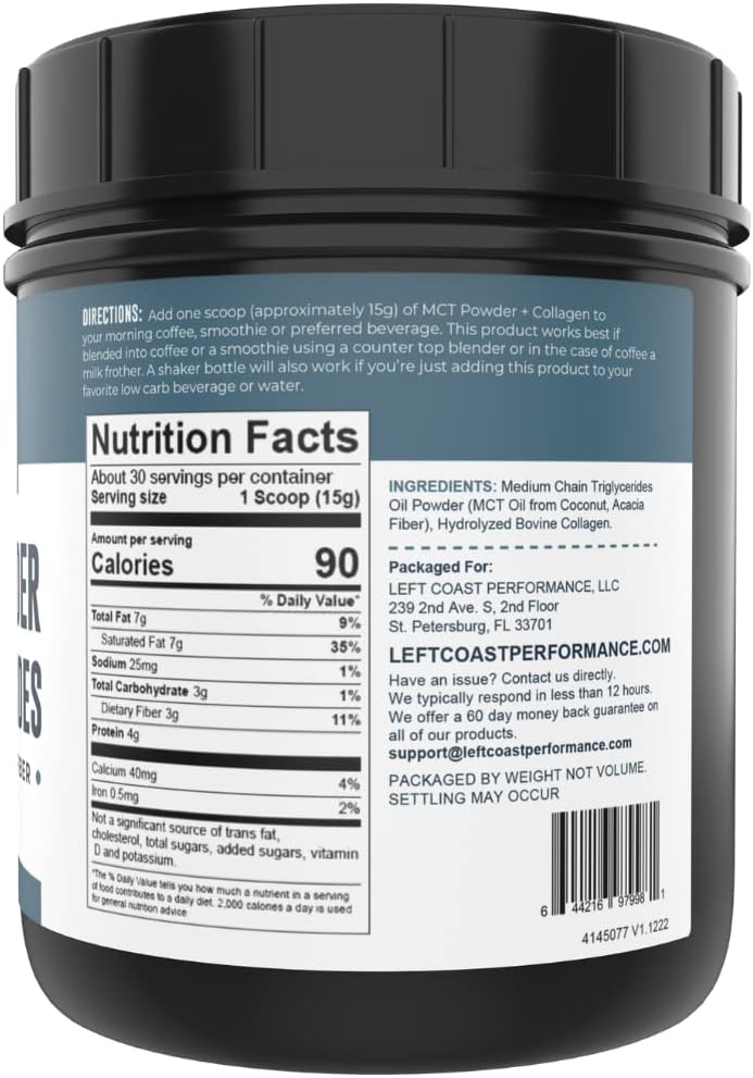 16oz Unflavored MCT Oil Powder with Keto Collagen Peptides & Acacia Fiber - 10g MCT, 5g Collagen - Perfect for Coffee, Shakes, Smoothies - Ketogenic Low Carb Protein Powder