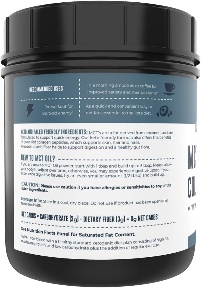 16oz Unflavored MCT Oil Powder with Keto Collagen Peptides & Acacia Fiber - 10g MCT, 5g Collagen - Perfect for Coffee, Shakes, Smoothies - Ketogenic Low Carb Protein Powder
