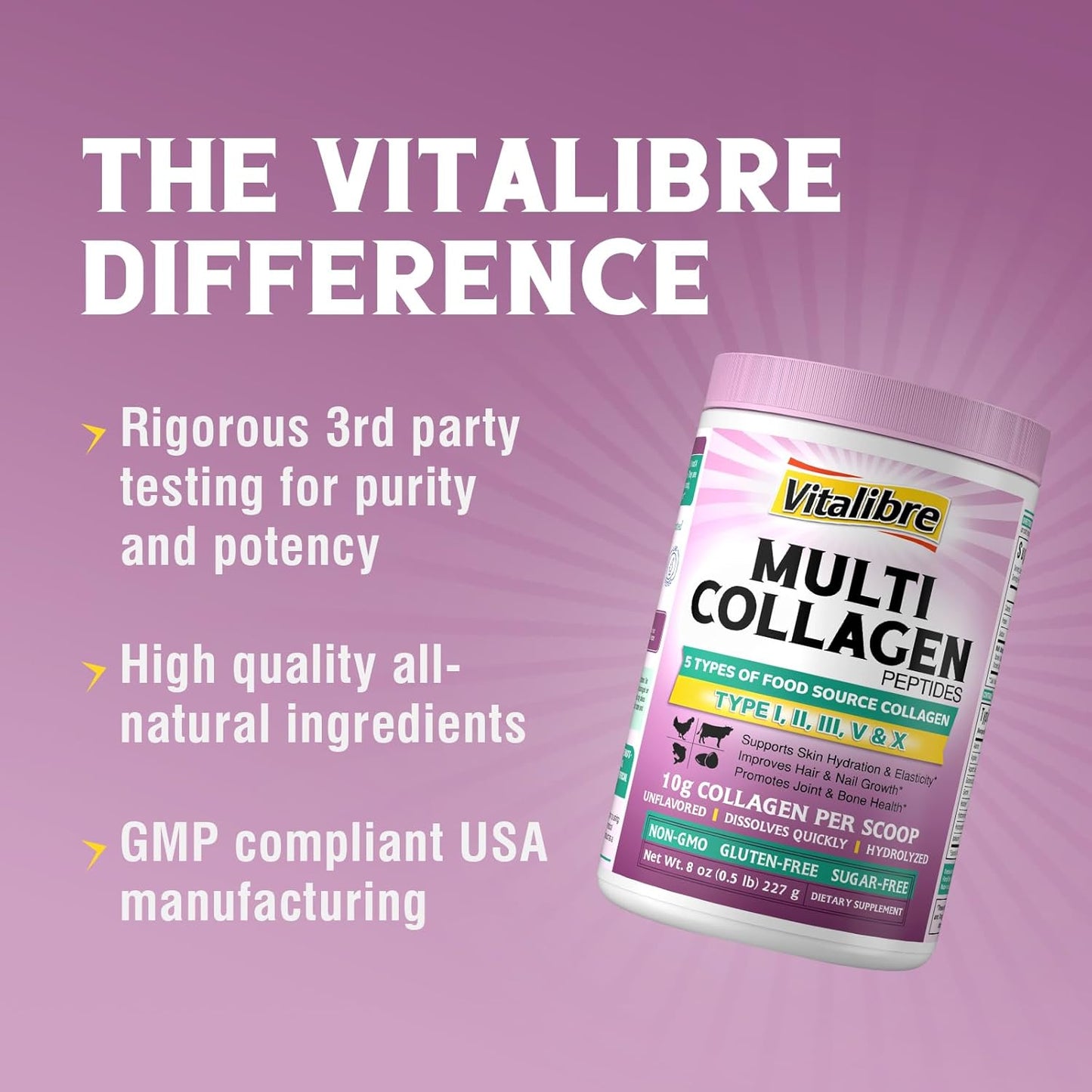 16oz Vitalibre Bovine Collagen Peptides Powder - Hydrolyzed Protein Supplement for Skin, Hair & Nails