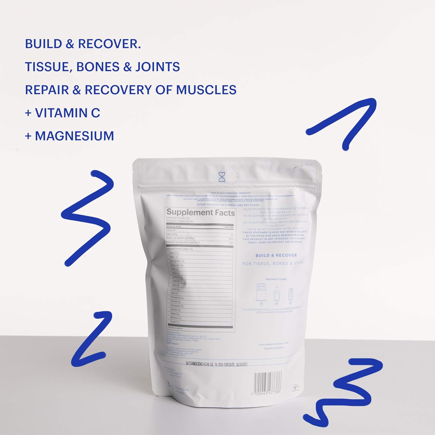 17.6 oz Blue SESN Hydrolyzed Collagen Powder with Vitamin C and Magnesium