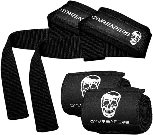 18" Gymreapers Weightlifting Wrist Straps & Wraps Bundle - Padded Neoprene, Cotton, IPF Approved for Professional Quality Support