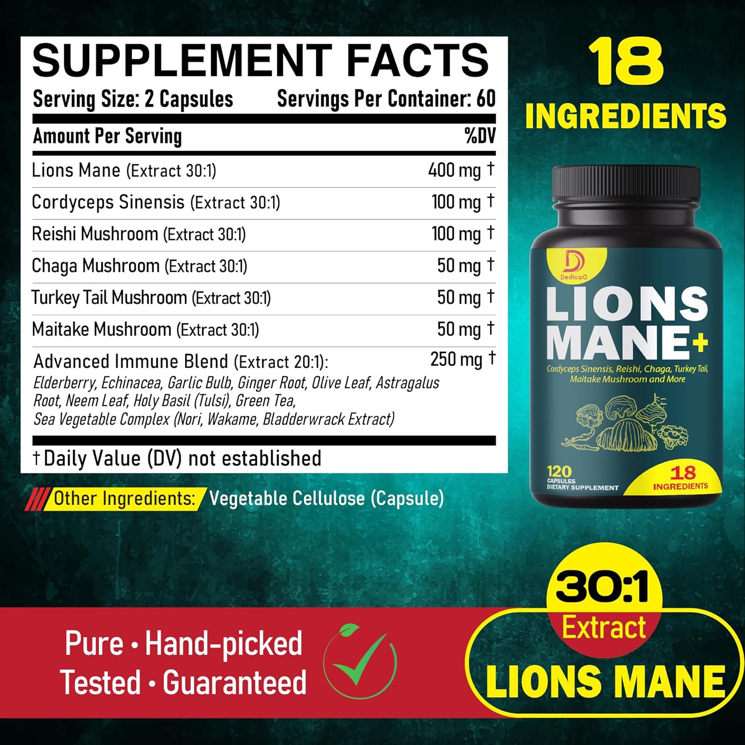 18-in-1 Mushroom Supplement Complex with Lion's Mane, Cordyceps Sinensis, and Reishi Mushroom - Brain, Energy, Memory, and Immune Support - 120 Capsules