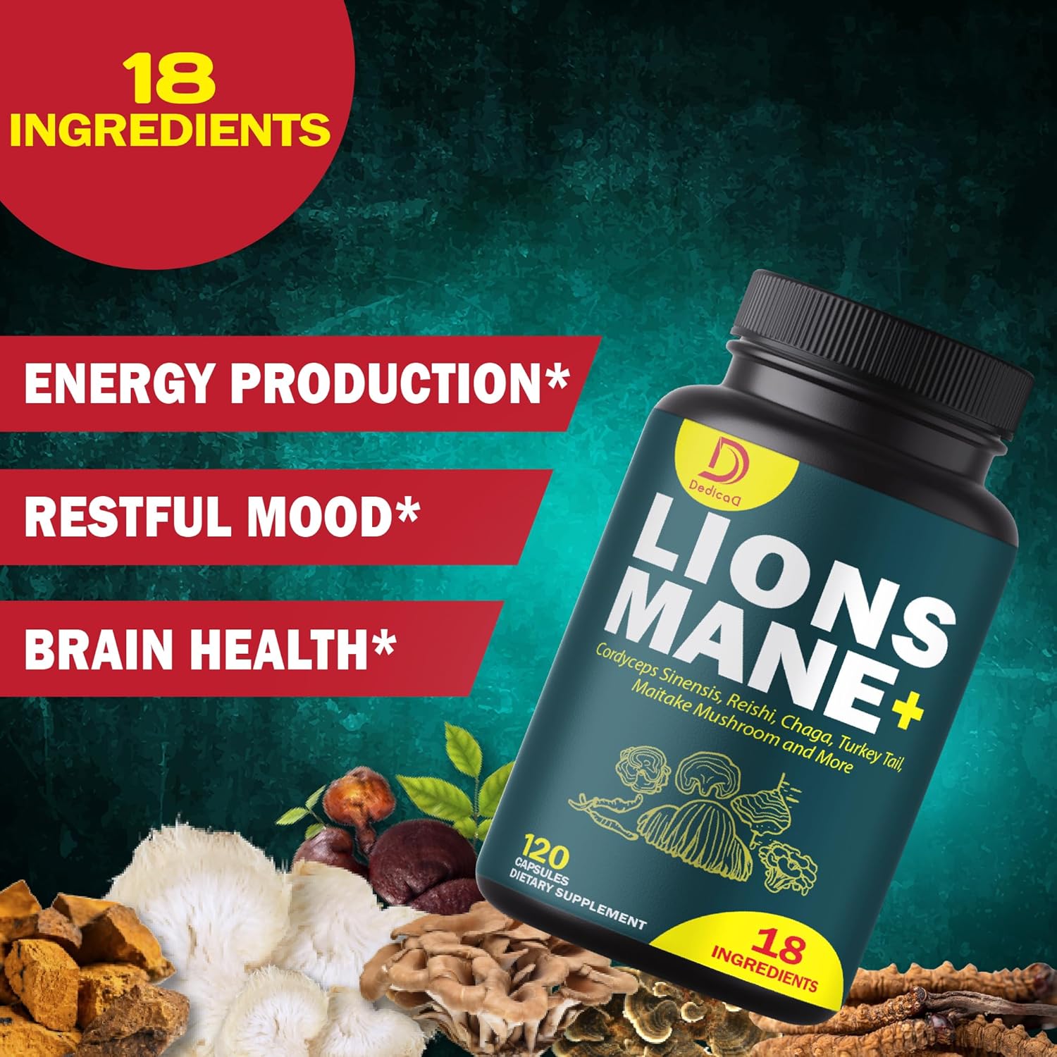 18-in-1 Mushroom Supplement Complex with Lion's Mane, Cordyceps Sinensis, and Reishi Mushroom - Brain, Energy, Memory, and Immune Support - 120 Capsules