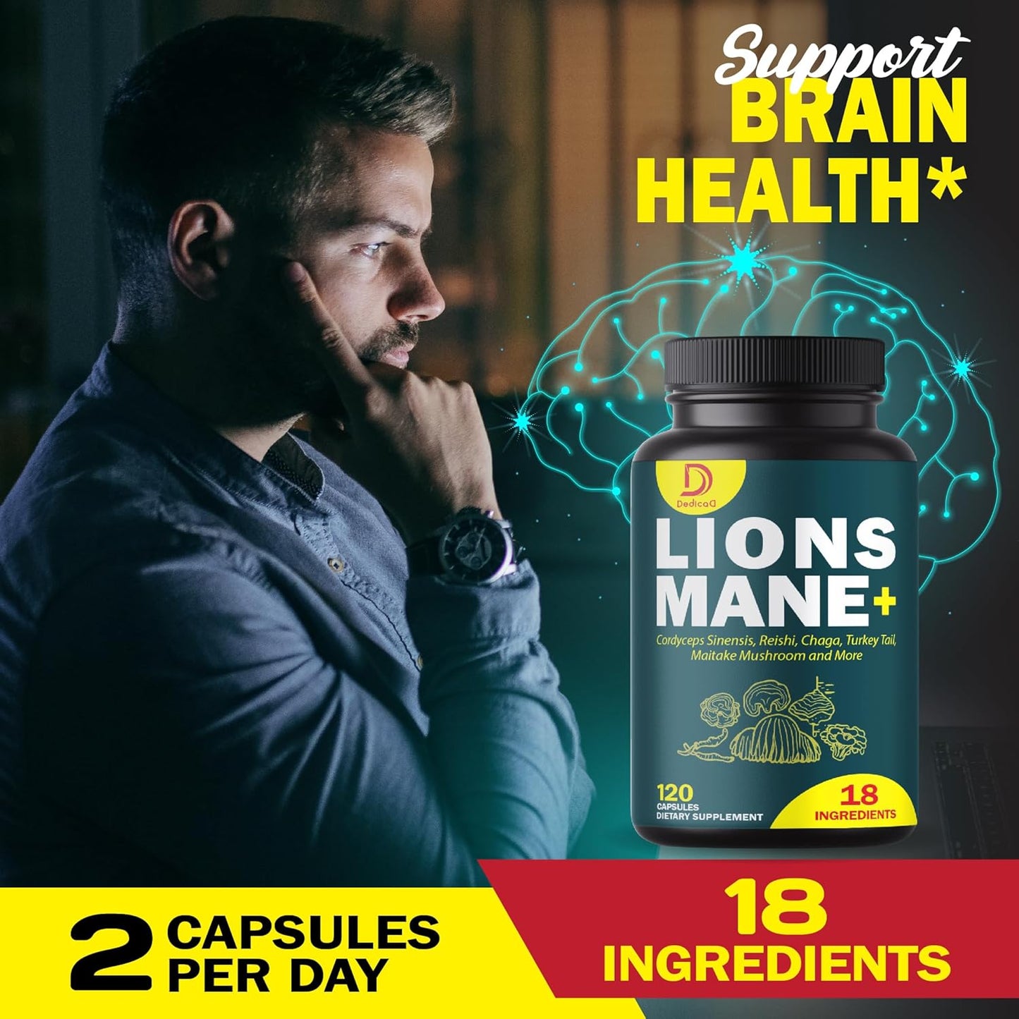 18-in-1 Mushroom Supplement Complex with Lion's Mane, Cordyceps Sinensis, and Reishi Mushroom - Brain, Energy, Memory, and Immune Support - 120 Capsules