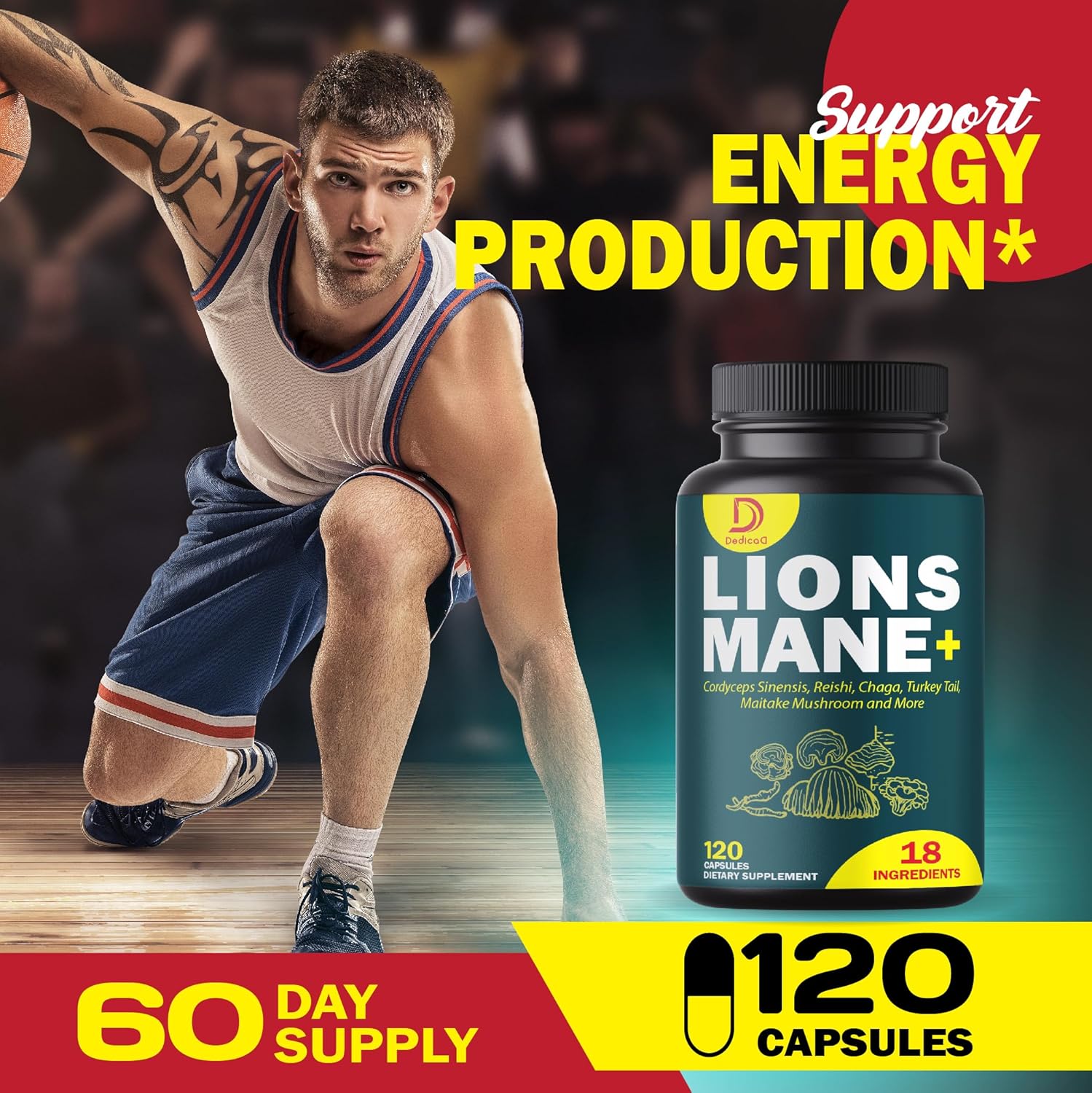 18-in-1 Mushroom Supplement Complex with Lion's Mane, Cordyceps Sinensis, and Reishi Mushroom - Brain, Energy, Memory, and Immune Support - 120 Capsules