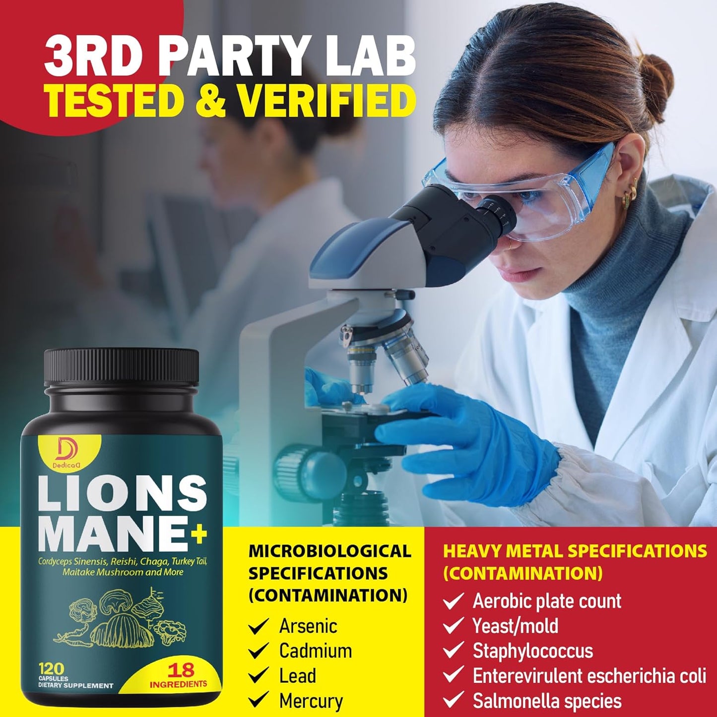 18-in-1 Mushroom Supplement Complex with Lion's Mane, Cordyceps Sinensis, and Reishi Mushroom - Brain, Energy, Memory, and Immune Support - 120 Capsules