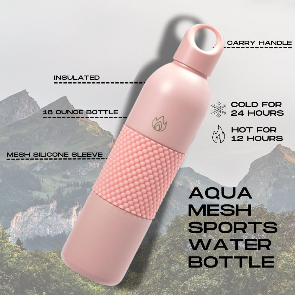 18 Oz Aqua Mesh Insulated Sports Water Bottle with Screw Top Lid - Leak Proof Stainless Steel - Handle, Spill Proof - Thermos for Gym, Home, Office - Blush