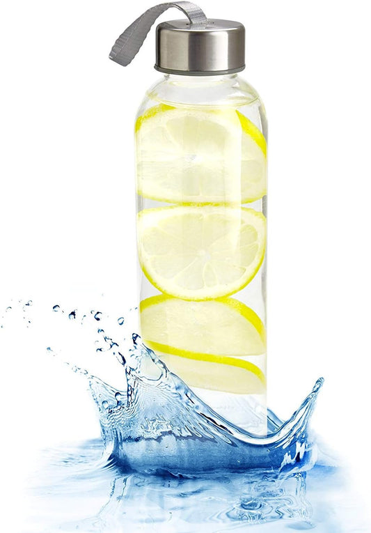 18 oz. Glass Water Bottle with Stainless Steel Lid - Reusable, Airtight, and BPA-Free - Includes Carrying Strap and Protective Sleeve for Cold Drinks