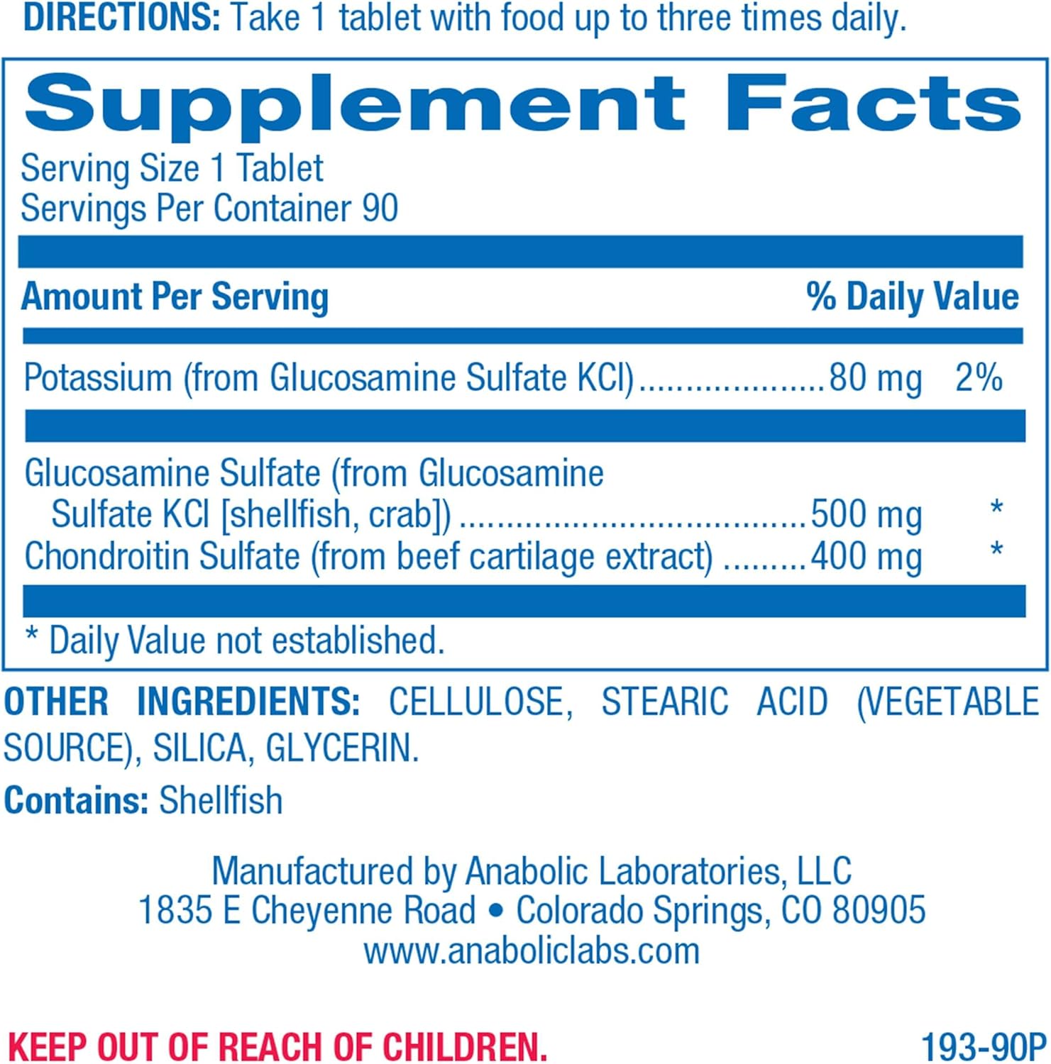 180 Anabolic Laboratories Glucosamine Chondroitin Tablets - Joint Health Supplements - 500mg Glucosamine Sulfate & 40mg Chondroitin Sulfate - Potassium Chloride